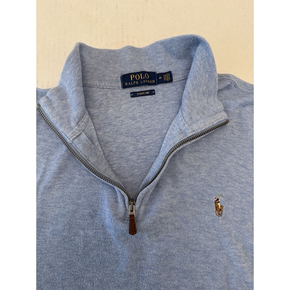 Polo Ralph Lauren Sweater Pullover Mens M Blue 1/4 Zip Estate Rib Knit Cotton - Picture 3 of 5